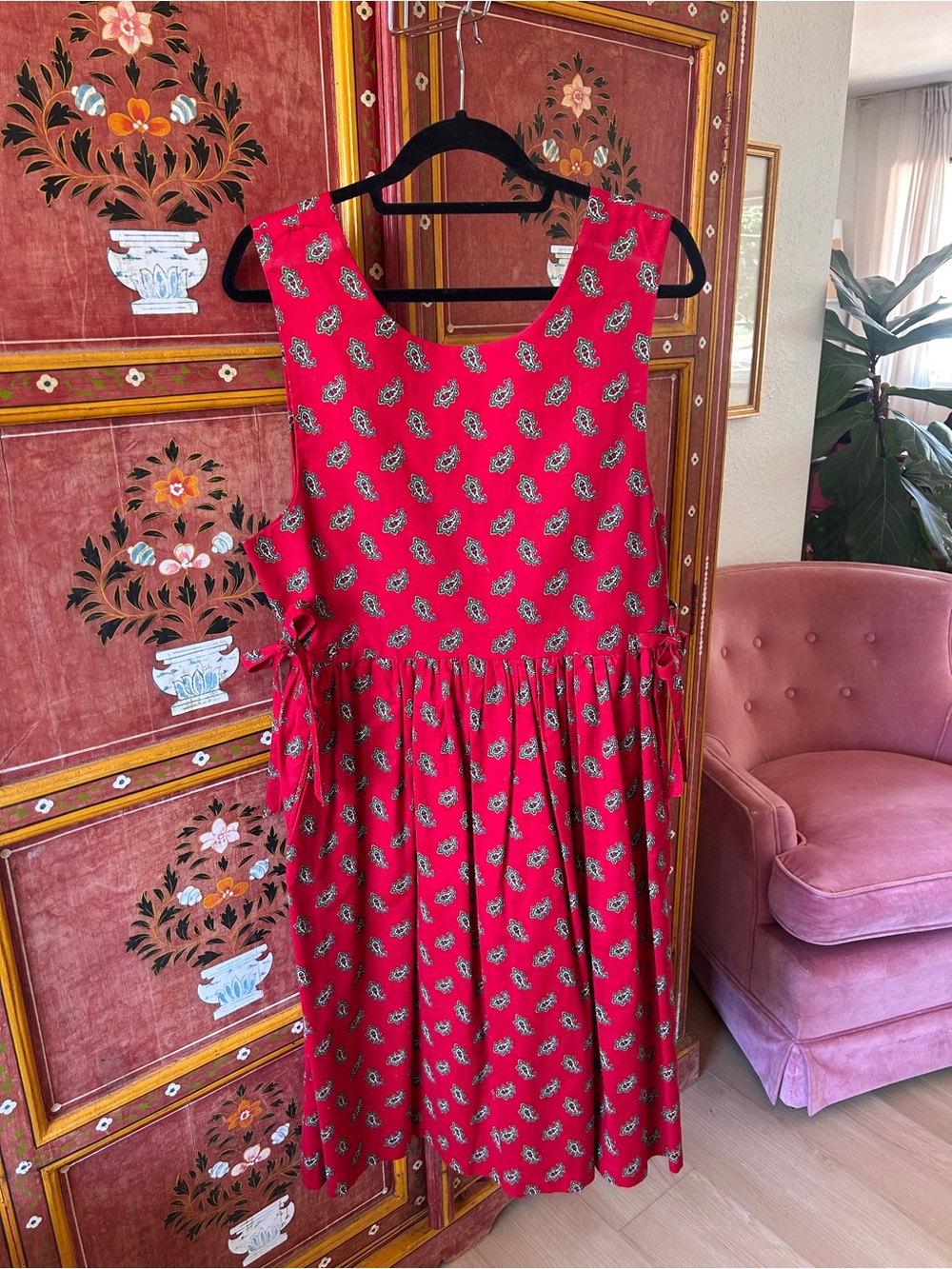 Vera Bradley Pinafore Bright Red Floral Tie-Side Sleeveless Dress